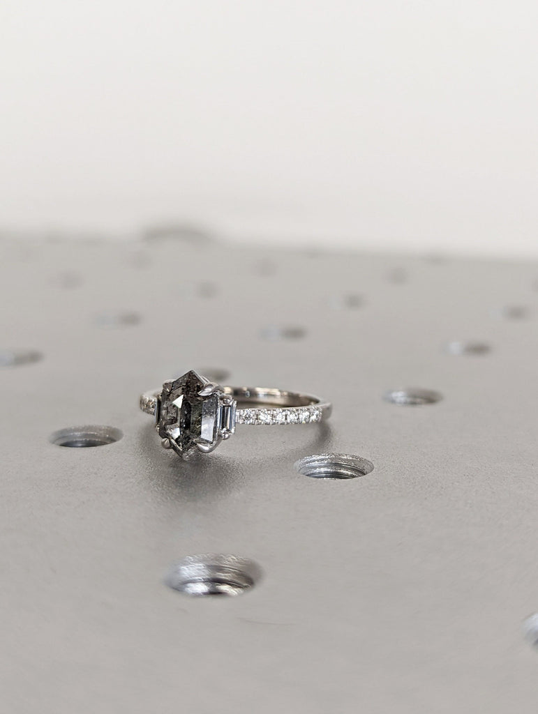 Raw Diamond Hexagon Baguette Diamond, Salt and Pepper, Unique Engagement Ring, Rose Cut Geometric Diamond Ring, 14k Gold, Custom Handmade