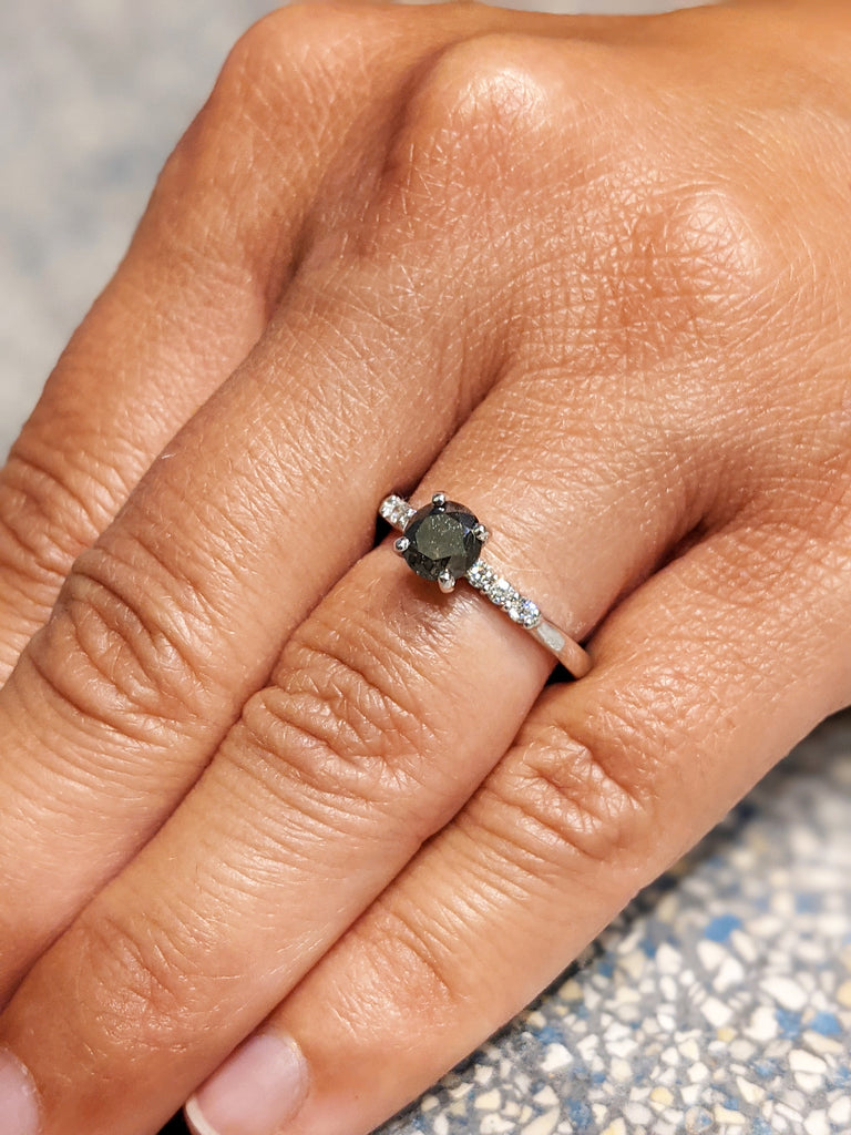 Black Salt And Pepper Diamond Ring, Rose Cut Salt And Pepper Diamond Engagement Ring, Grey Diamond Ring, Salt And Pepper Ring, Rustic Ring