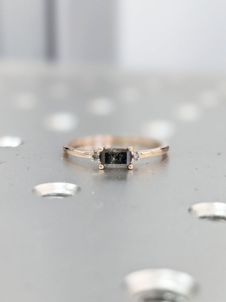 Emerald Baguette Raw Salt and Pepper Diamond Gold Engagement Ring Art Deco 1920's Inspired Thin Petite Band 14k Unique Ring for Her