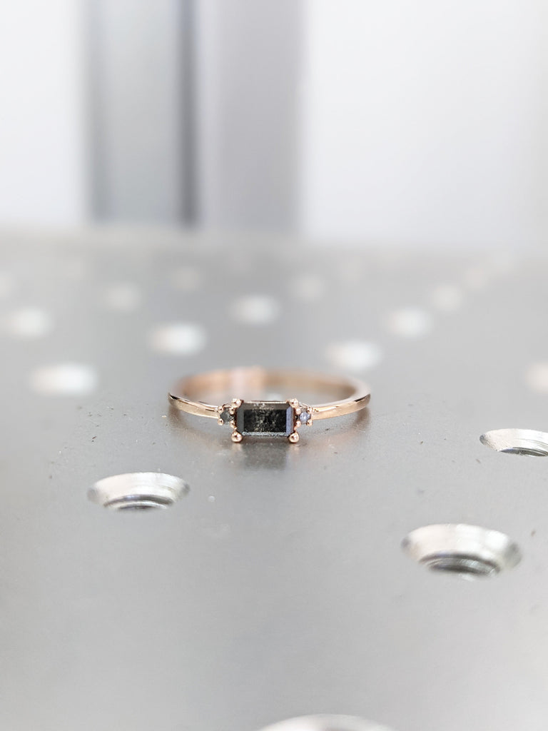 Emerald Baguette Raw Salt and Pepper Diamond Gold Engagement Ring Art Deco 1920's Inspired Thin Petite Band 14k Unique Ring for Her