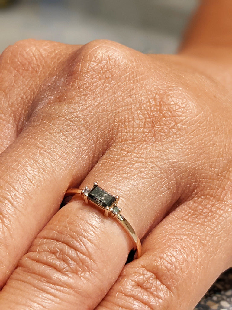 Emerald Baguette Raw Salt and Pepper Diamond Gold Engagement Ring Art Deco 1920's Inspired Thin Petite Band 14k Unique Ring for Her