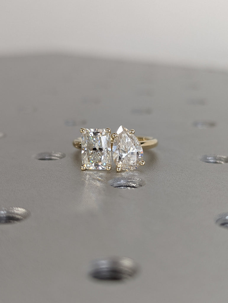 1.5 Carat Double Stone Engagement Ring Pear Cut and Radiant Cut Moissanite Two Stone Wedding Ring 14K White Yellow Rose Gold
