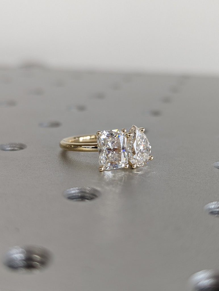 1.5 Carat Double Stone Engagement Ring Pear Cut and Radiant Cut Moissanite Two Stone Wedding Ring 14K White Yellow Rose Gold