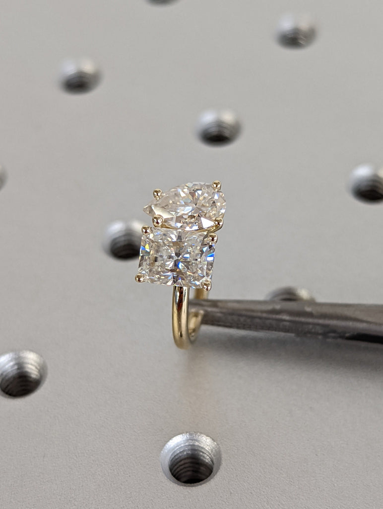 1.5 Carat Double Stone Engagement Ring Pear Cut and Radiant Cut Moissanite Two Stone Wedding Ring 14K White Yellow Rose Gold