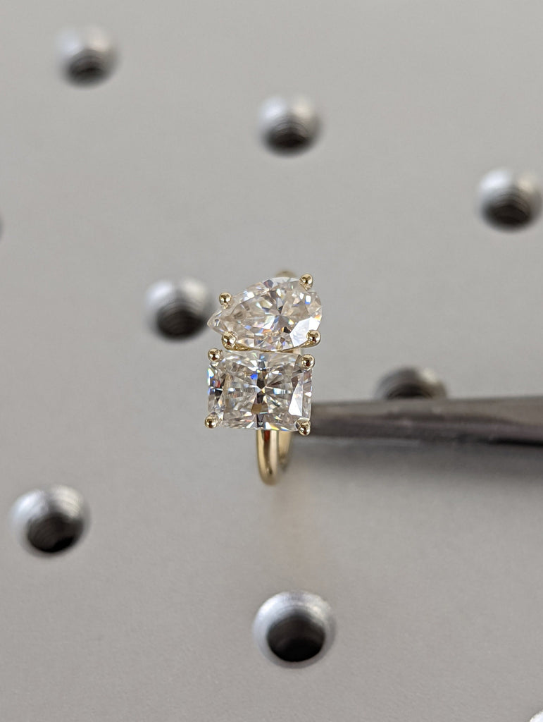 1.5 Carat Double Stone Engagement Ring Pear Cut and Radiant Cut Moissanite Two Stone Wedding Ring 14K White Yellow Rose Gold
