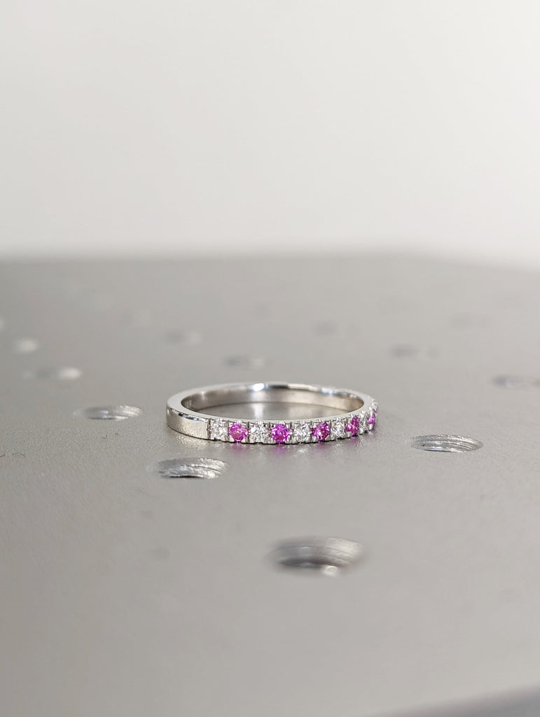 Pink Sapphire and Diamond Ring, 18K Gold Natural Diamond Sapphire Band, Micro Pave Wedding Band, Half Eternity Stackable Band, Gift for Her