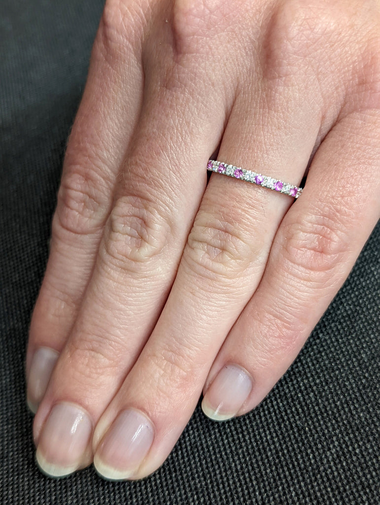 Pink Sapphire and Diamond Ring, 18K Gold Natural Diamond Sapphire Band, Micro Pave Wedding Band, Half Eternity Stackable Band, Gift for Her