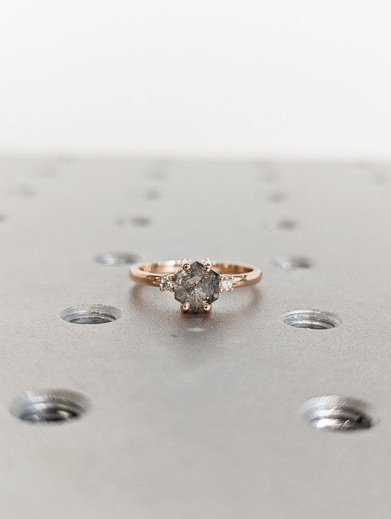 Raw Diamond, Salt and Pepper, Hexagon, Unique Engagement Ring, Rose Cut Geometric Diamond Ring, 14k Gold, Custom Handmade