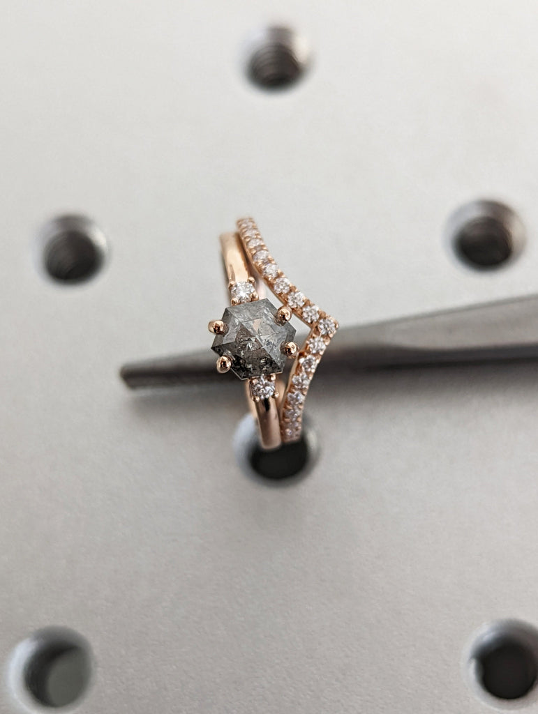 Raw Diamond, Salt and Pepper, Hexagon, Unique Engagement Ring, Rose Cut Geometric Diamond Ring, 14k Gold, Custom Handmade