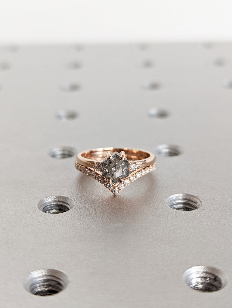 Raw Diamond, Salt and Pepper, Hexagon, Unique Engagement Ring, Rose Cut Geometric Diamond Ring, 14k Gold, Custom Handmade