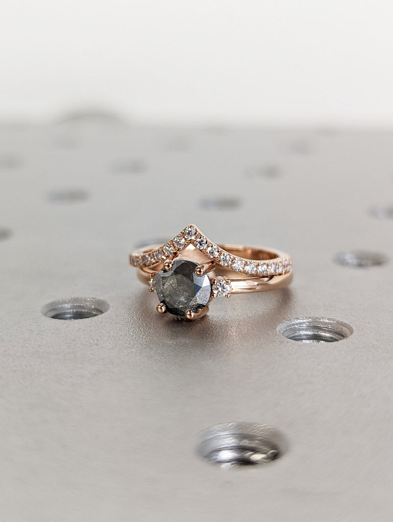 Raw Diamond, Salt and Pepper, Round Cut, Unique Engagement Ring, Rose Cut Geometric Diamond Ring, 14k Gold, Custom Handmade