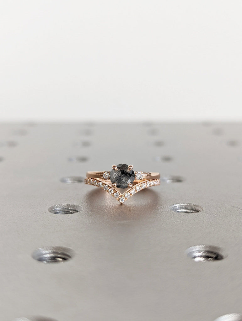 Raw Diamond, Salt and Pepper, Round Cut, Unique Engagement Ring, Rose Cut Geometric Diamond Ring, 14k Gold, Custom Handmade