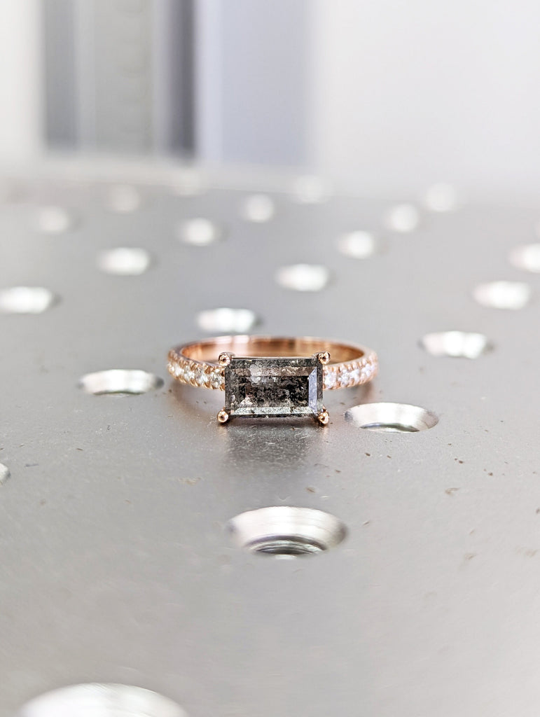 Raw Diamond, Salt and Pepper, Baguette, Unique Engagement Ring, Bridal Set, Rose Cut Geometric Diamond Ring, 14k Gold, Custom Handmade