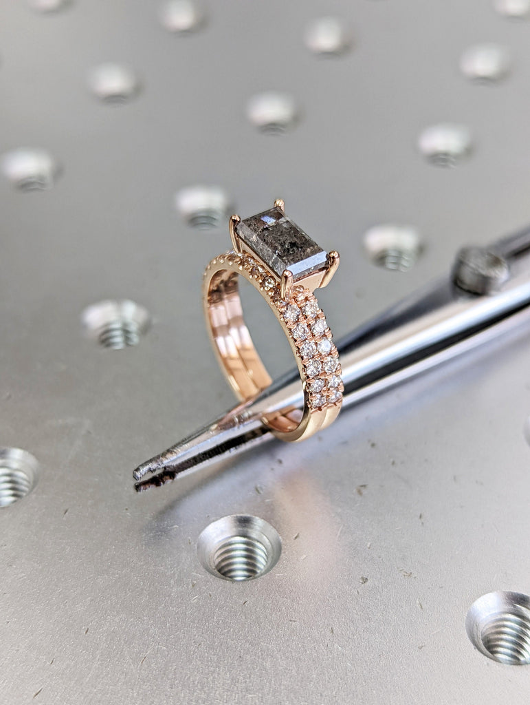 Raw Diamond, Salt and Pepper, Baguette, Unique Engagement Ring, Bridal Set, Rose Cut Geometric Diamond Ring, 14k Gold, Custom Handmade