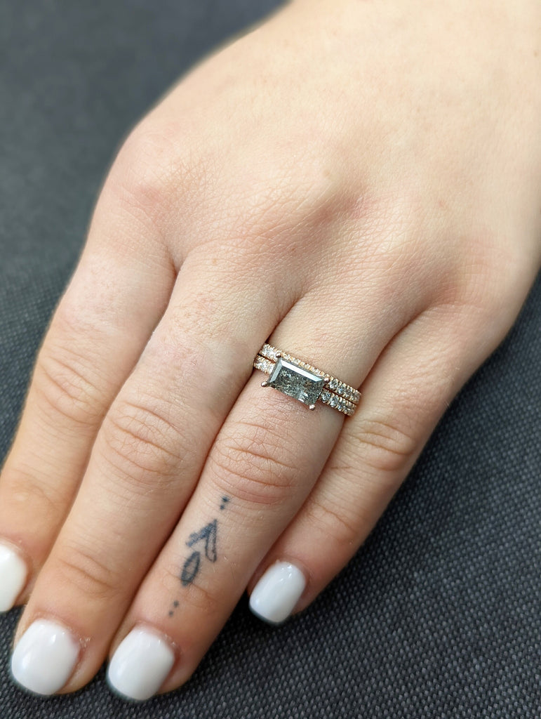 Raw Diamond, Salt and Pepper, Baguette, Unique Engagement Ring, Bridal Set, Rose Cut Geometric Diamond Ring, 14k Gold, Custom Handmade