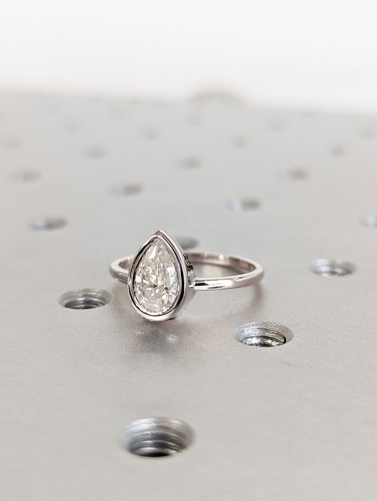 Moissanite Engagement ring Pear shaped Solitaire engagement ring bezel set Bridal Minimalist Anniversary Promise ring