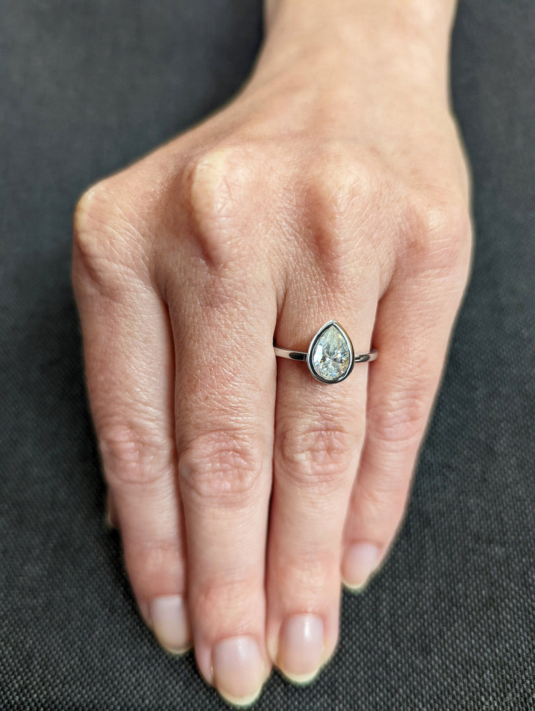 Moissanite Engagement ring Pear shaped Solitaire engagement ring bezel set Bridal Minimalist Anniversary Promise ring