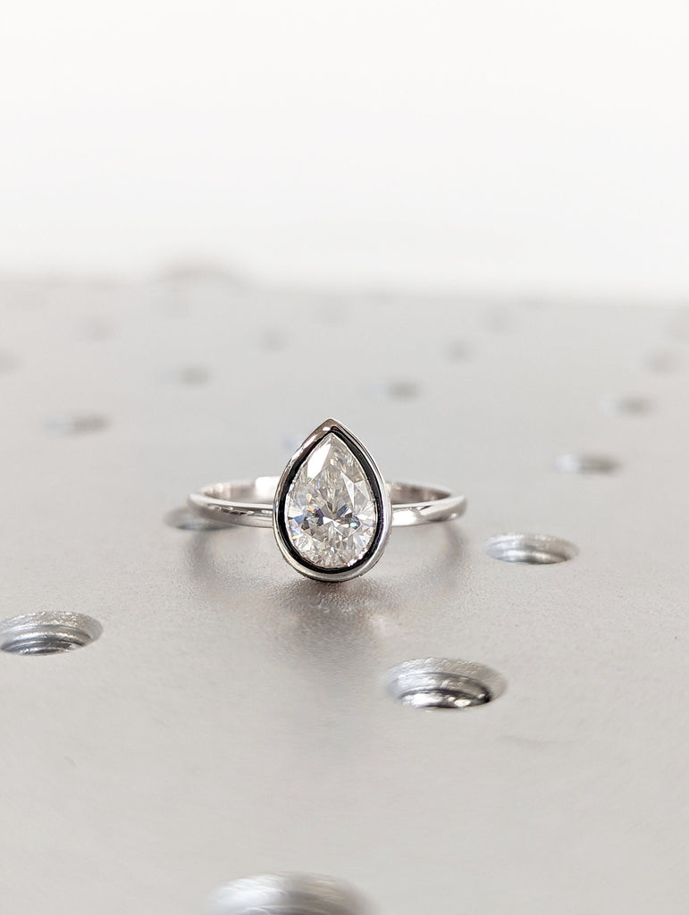 Moissanite Engagement ring Pear shaped Solitaire engagement ring bezel set Bridal Minimalist Anniversary Promise ring