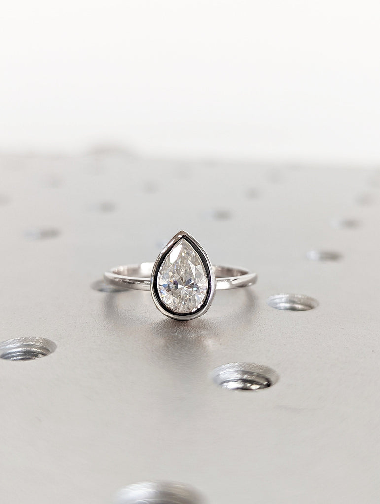 Moissanite Engagement ring Pear shaped Solitaire engagement ring bezel set Bridal Minimalist Anniversary Promise ring