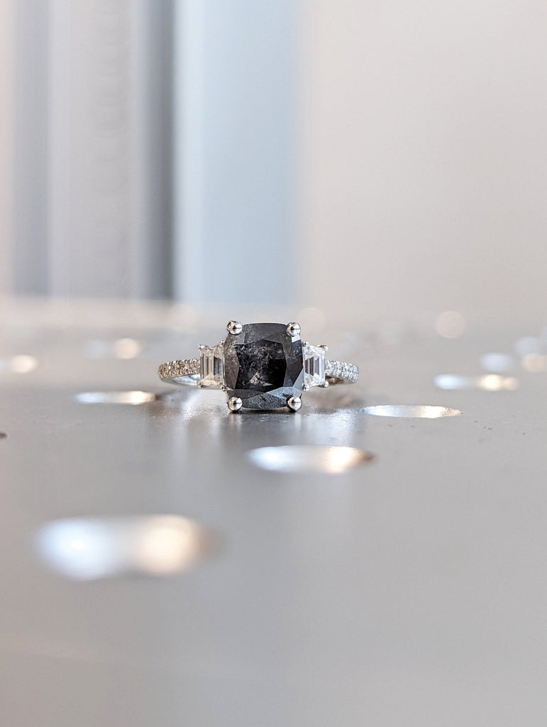 Raw Diamond Cushion Trapezoid Diamond, Salt and Pepper, Unique Engagement Ring, Rose Cut Geometric Diamond Ring, 14k Gold, Custom Handmade