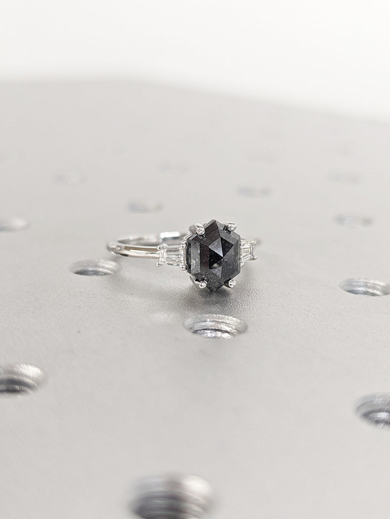 Raw Diamond Hexagon Tapered baguette Diamond, Salt and Pepper, Unique Bridal Engagement, Rose Cut Geometric Diamond Ring, Custom Handmade