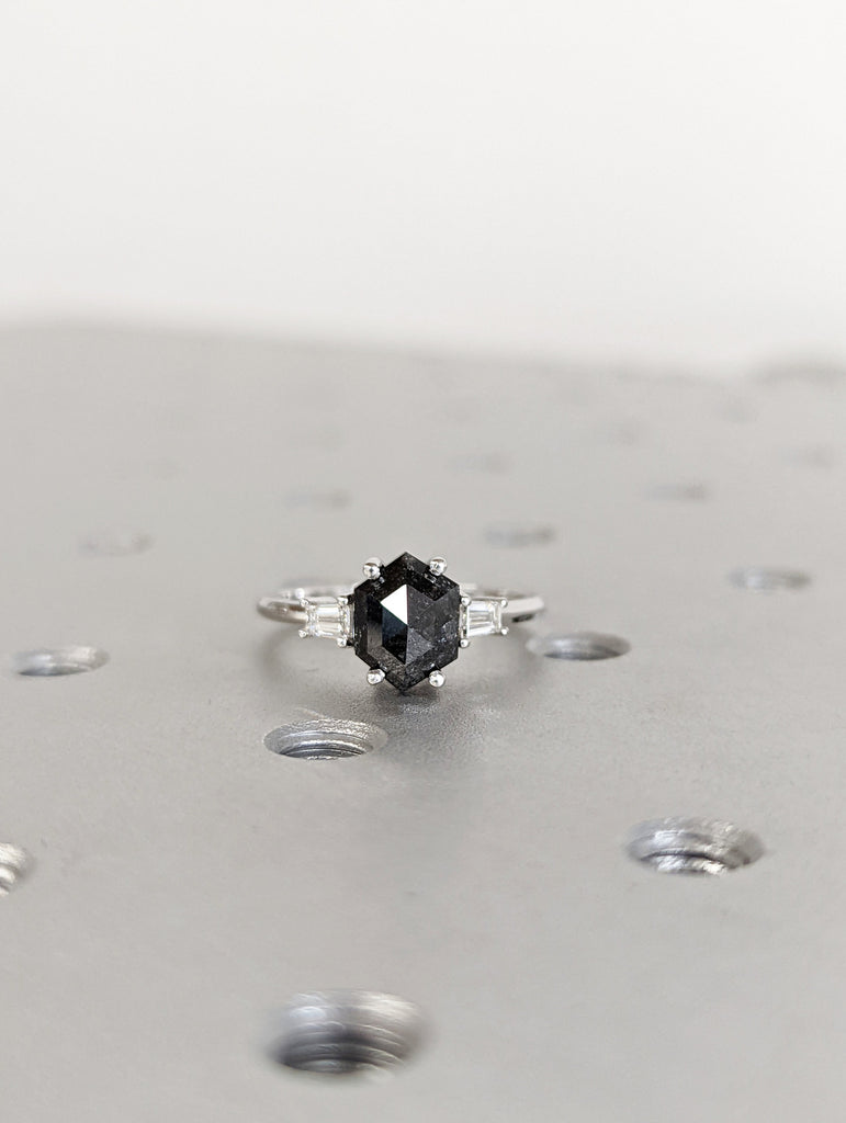 Raw Diamond Hexagon Tapered baguette Diamond, Salt and Pepper, Unique Bridal Engagement, Rose Cut Geometric Diamond Ring, Custom Handmade