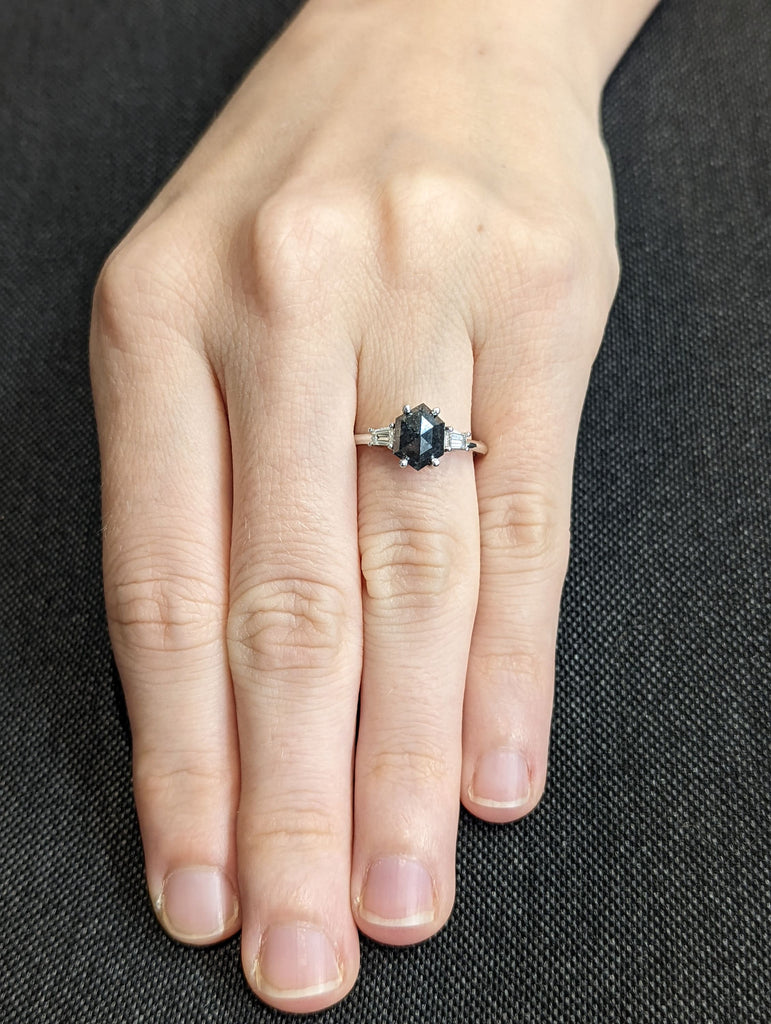 Raw Diamond Hexagon Tapered baguette Diamond, Salt and Pepper, Unique Bridal Engagement, Rose Cut Geometric Diamond Ring, Custom Handmade