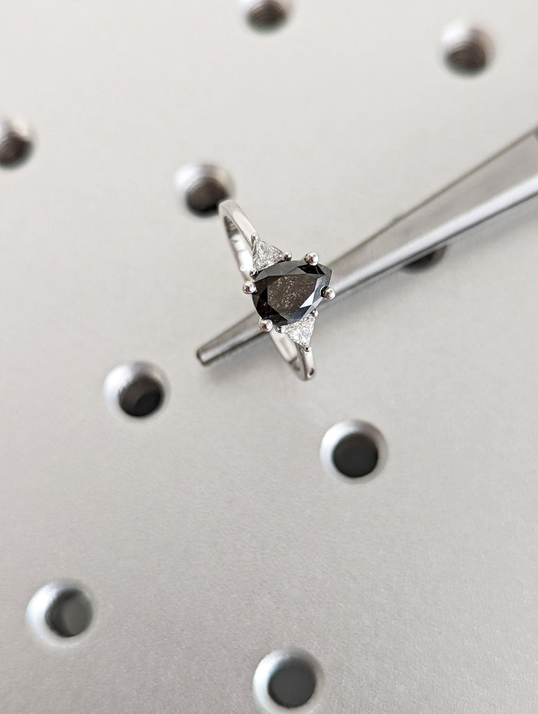 Raw Diamond Pear Triangle Diamond, Salt and Pepper, Plain Unique Bridal Engagement Set, Rose Cut Geometric Diamond Ring, Custom Handmade