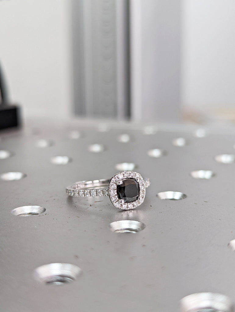 White Gold Black Diamond Cushion Cut And Diamond Halo Ring (1/4 Ct. Tw.) Open Basket Pave Halo Cushion Shaped Halo Rey