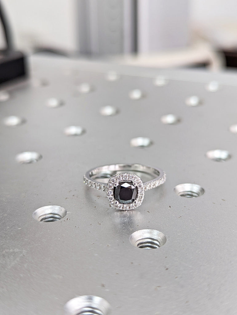 White Gold Black Diamond Cushion Cut And Diamond Halo Ring (1/4 Ct. Tw.) Open Basket Pave Halo Cushion Shaped Halo Rey