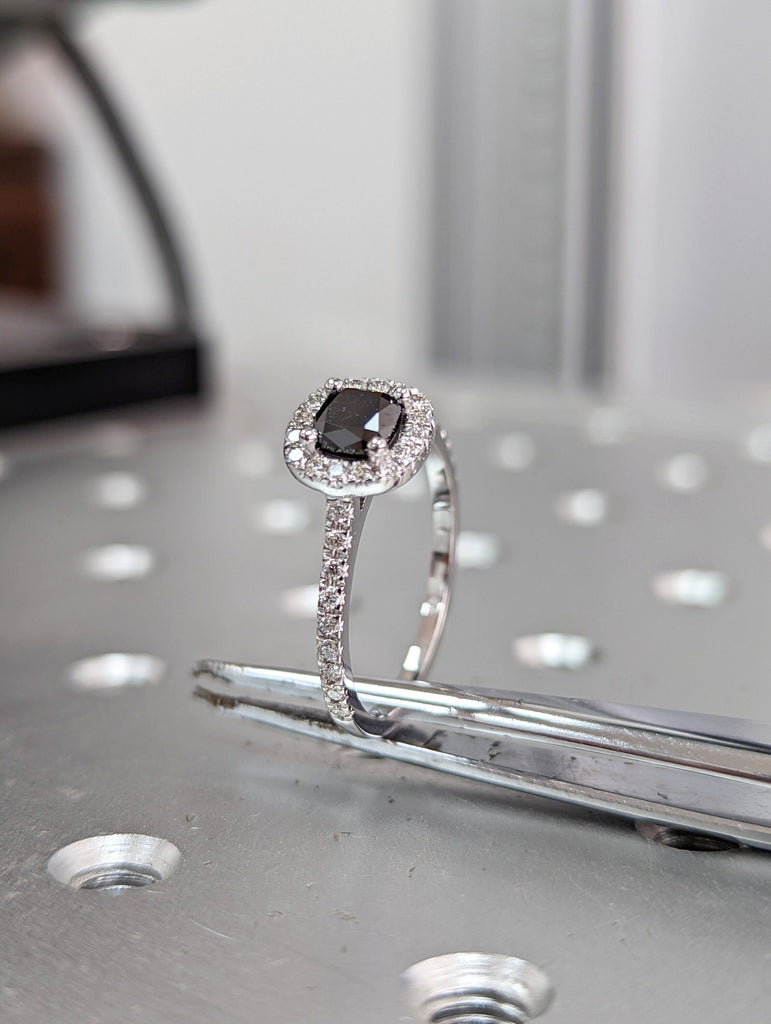 White Gold Black Diamond Cushion Cut And Diamond Halo Ring (1/4 Ct. Tw.) Open Basket Pave Halo Cushion Shaped Halo Rey