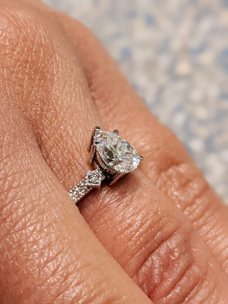 Vintage Moissanite Engagement Ring Set White Gold Pear Shaped Cluster Moissanite Bridal Set Art Deco Milgrain Diamond Wedding Ring Set