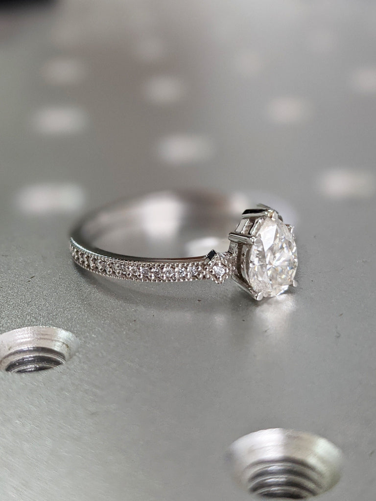 Vintage Moissanite Engagement Ring Set White Gold Pear Shaped Cluster Moissanite Bridal Set Art Deco Milgrain Moissanite Wedding Ring Set