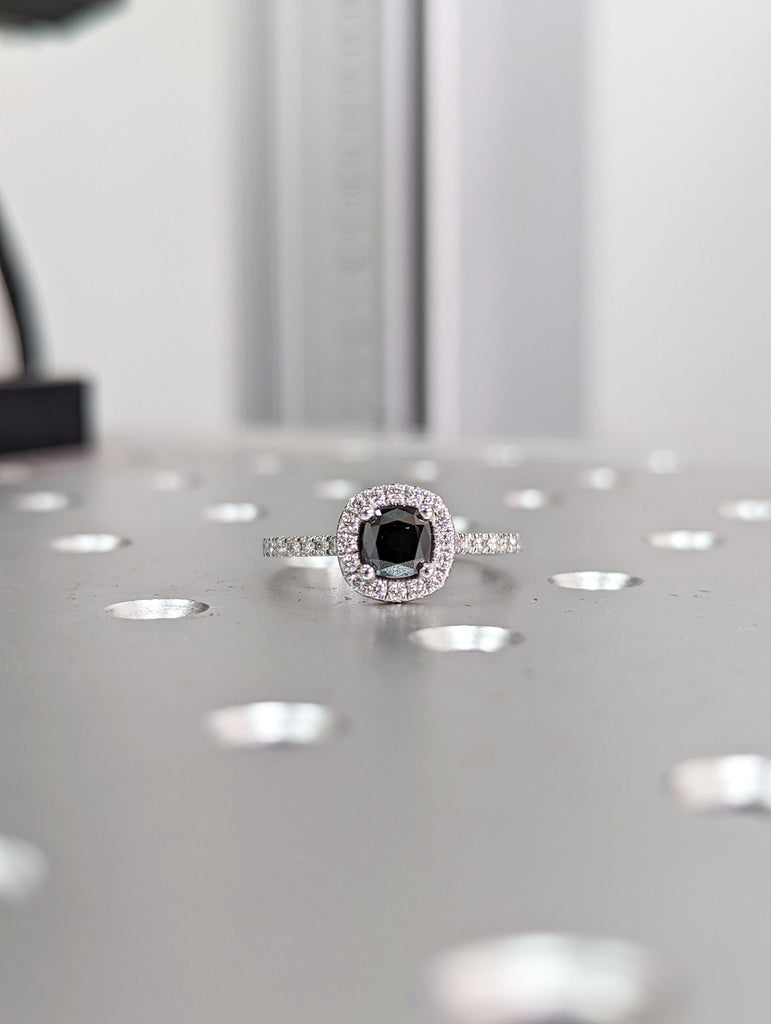 White Gold Black Diamond Cushion Cut And Diamond Halo Ring (1/4 Ct. Tw.) Open Basket Pave Halo Cushion Shaped Halo Rey