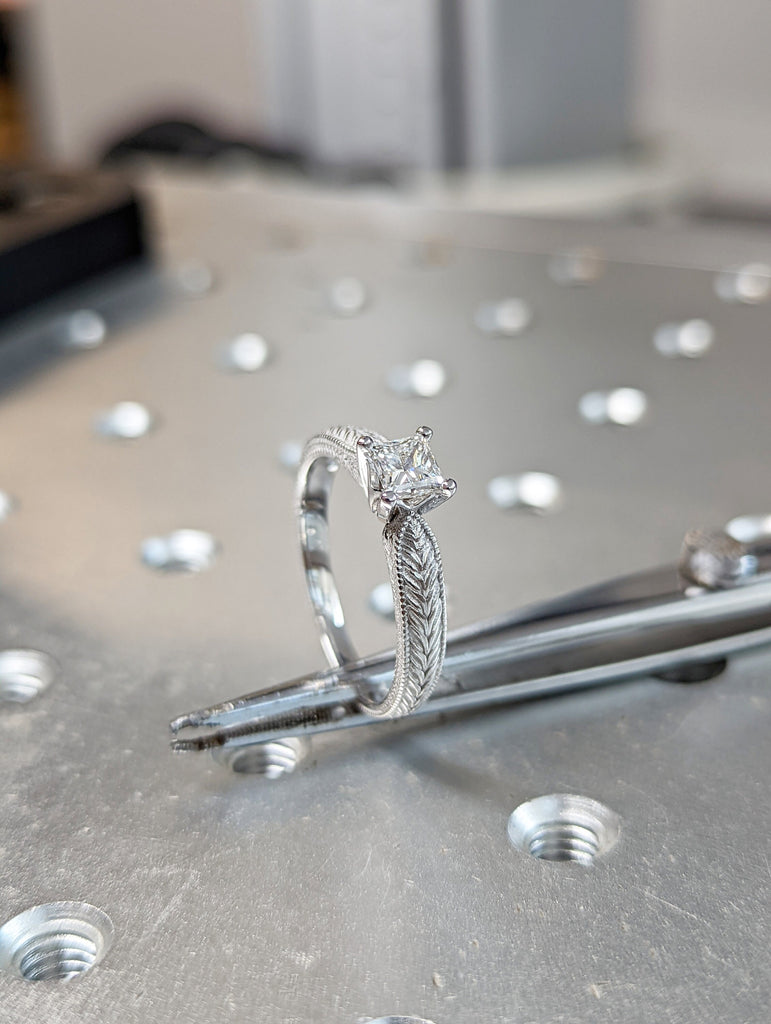 White Gold, Princess Cut, Hand Engraved Vintage Ring Tapered Band, Hand Engraved, Milgrain, Unique High Profile Gallery, Maribel