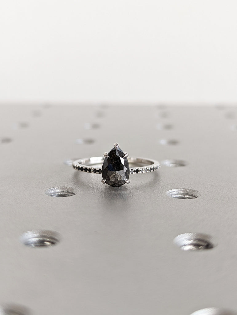1.5 Carat 1920's Raw Salt and Pepper Diamond, Pear Diamond Ring, Unique Engagement Bridal , Black, Gray Pear 14k Yellow, Rose White Gold