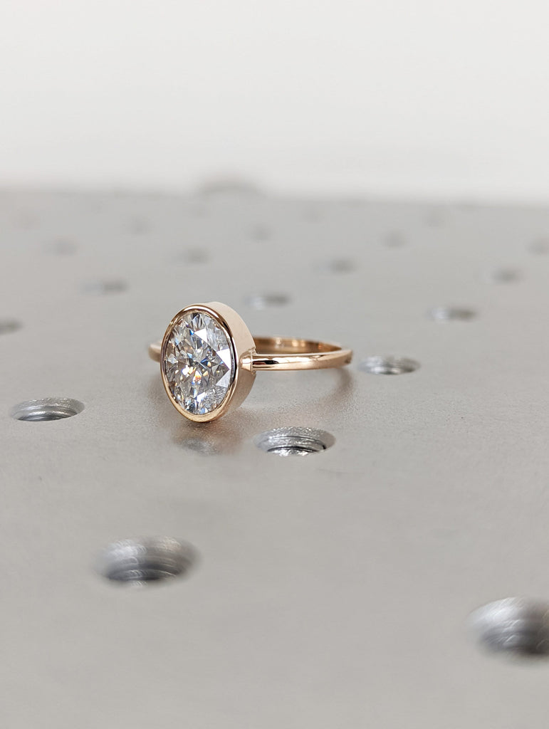 1.5ct Solitaire Ring, Simple Engagement Ring 14K Rose Gold Bezel Set Moissanite Ring, Oval cut Moissanite Engagement Ring, Promise Ring