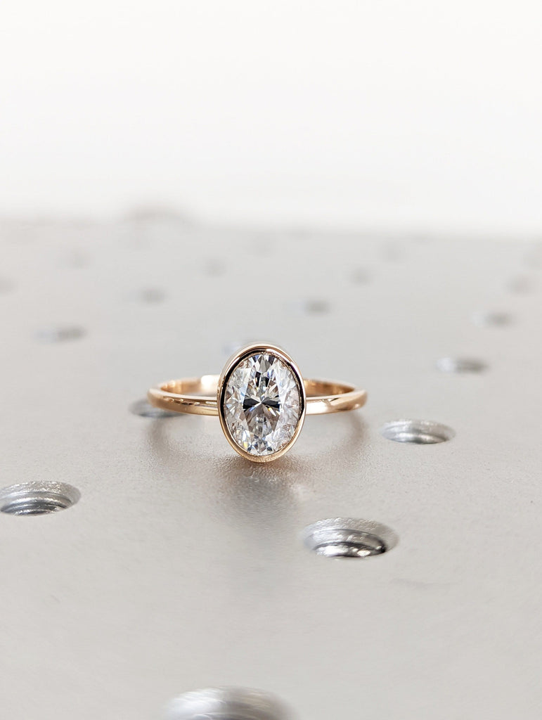 1.5ct Solitaire Ring, Simple Engagement Ring 14K Rose Gold Bezel Set Moissanite Ring, Oval cut Moissanite Engagement Ring, Promise Ring