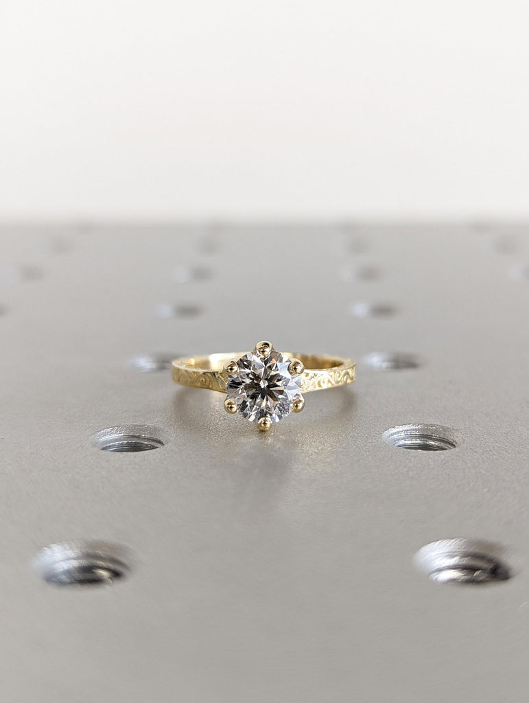 Round Cut Vintage Ring | 1 CT Round Colorless Moissanite Ring | Engagement Ring | Milgarain Setting | Antique Ring | 14K 18K Gold