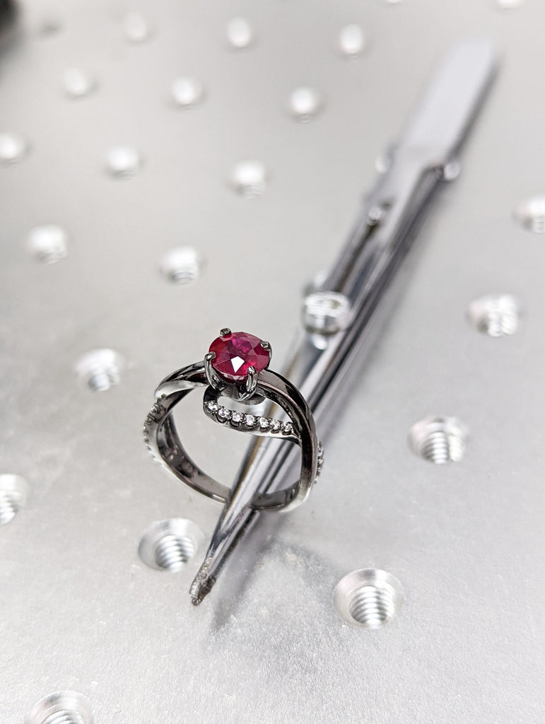 14k black gold Aubree twisted ruby and diamond ring (1/4 ct) twisted shank, scalloped pave set, high profile setting, split shank