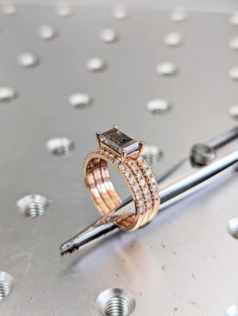 Raw Diamond, Salt and Pepper, Baguette, Unique Engagement Ring, Bridal Set, Rose Cut Geometric Diamond Ring, 14k Gold, Custom Handmade