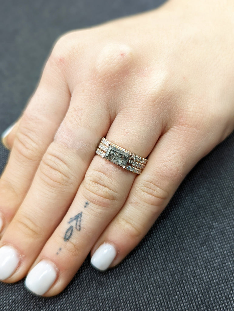 Raw Diamond, Salt and Pepper, Baguette, Unique Engagement Ring, Bridal Set, Rose Cut Geometric Diamond Ring, 14k Gold, Custom Handmade