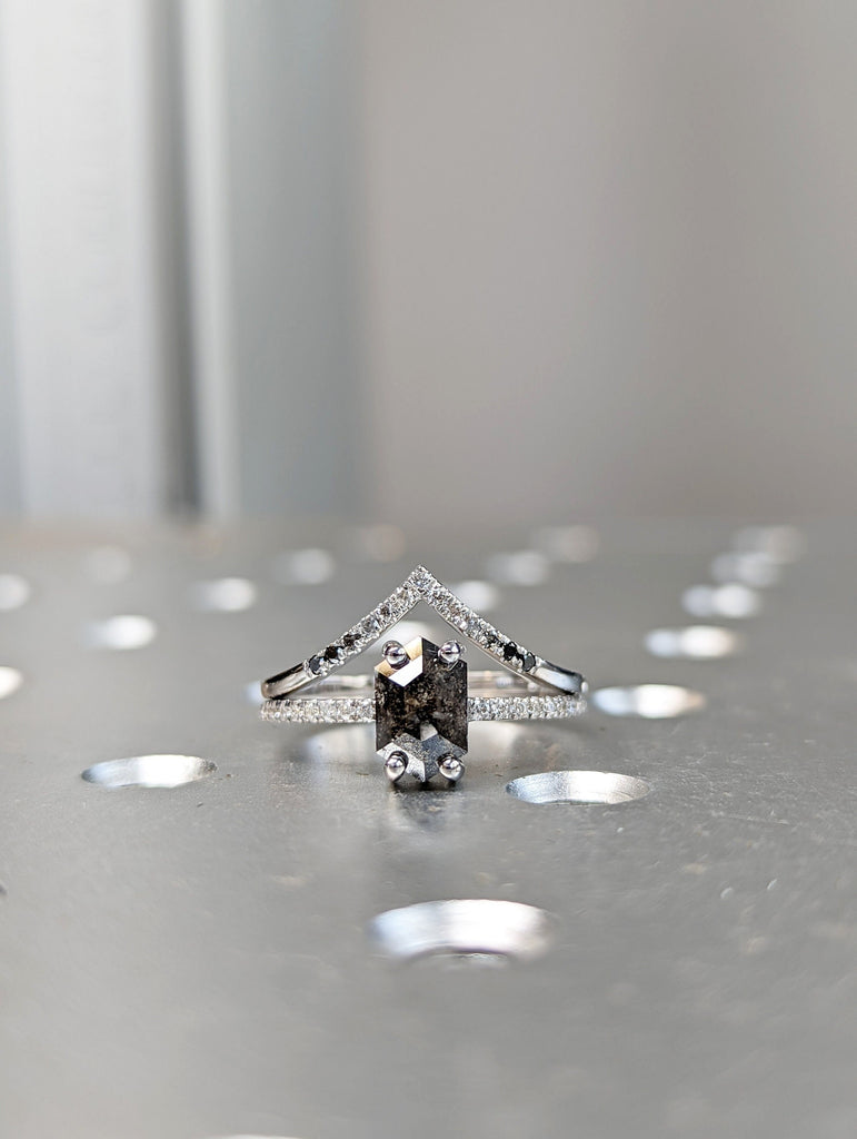 Raw Diamond Hexagon, Salt and Pepper, Unique Engagement Ring, Rose Cut Geometric Diamond Ring, 14k Gold, Custom Handmade