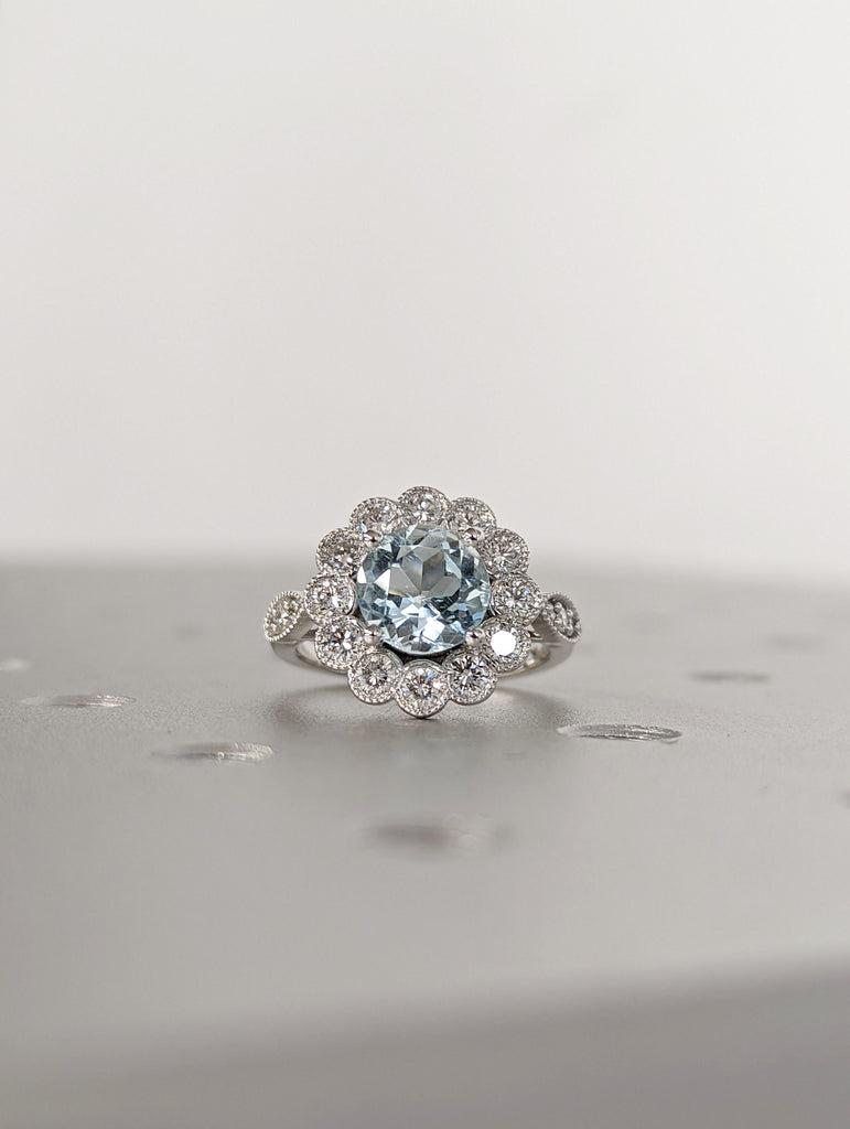 Aquamarine Ring, 14k White Gold Flower Ring, Engagement Ring for Her, Delicate Promise Ring, Anniversary gift, Perfect Christmas Gift