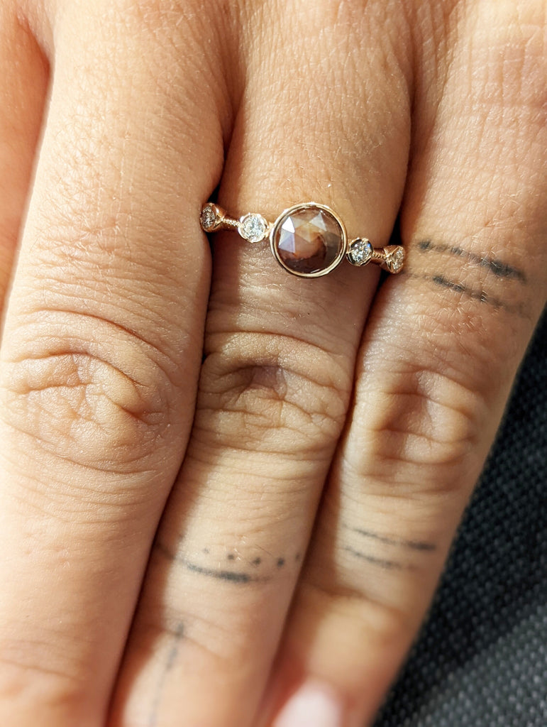 Salt and Pepper Rose Cut Bezel Solitaire Ring Vintage Brown Salt And Pepper Diamond Engagement Ring Dainty Promise Ring Solitaire Bezel Ring