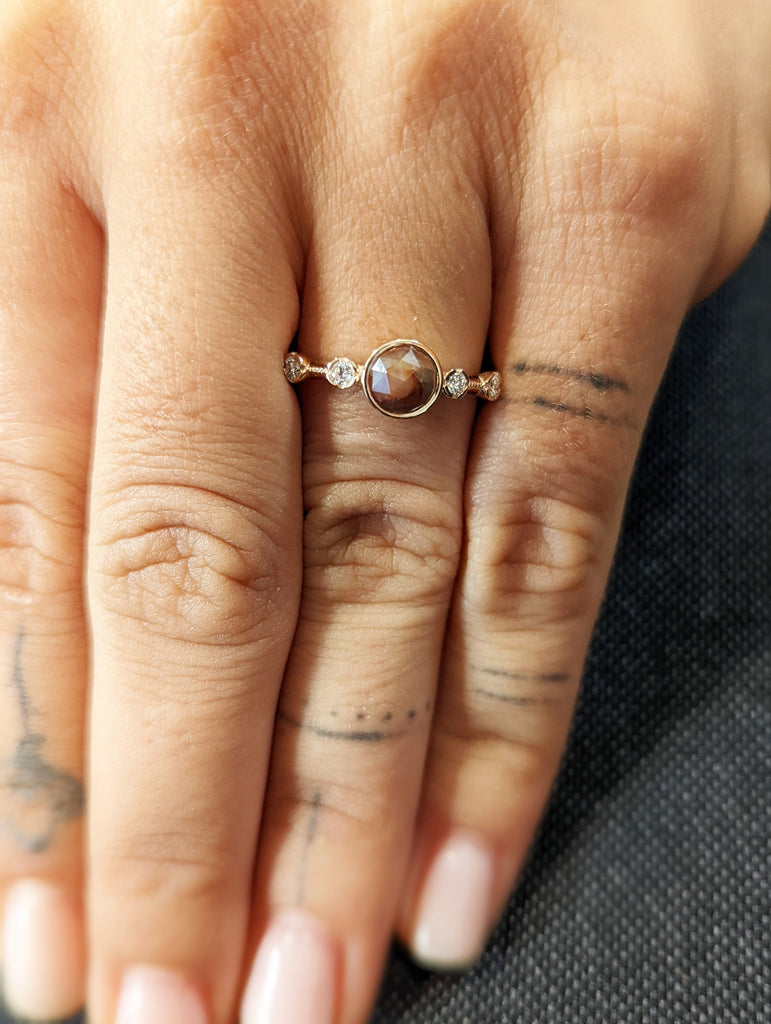 Salt and Pepper Rose Cut Bezel Solitaire Ring Vintage Brown Salt And Pepper Diamond Engagement Ring Dainty Promise Ring Solitaire Bezel Ring