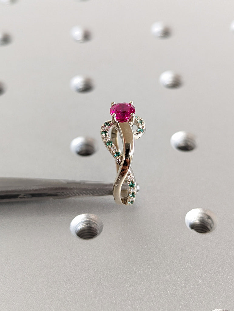 Ruby Engagement Ring, Diamond And Emerald Ring Ruby Ring, Spiral Engagement Ring White Gold Ruby Ring, Leaf Ring, Nature Ring