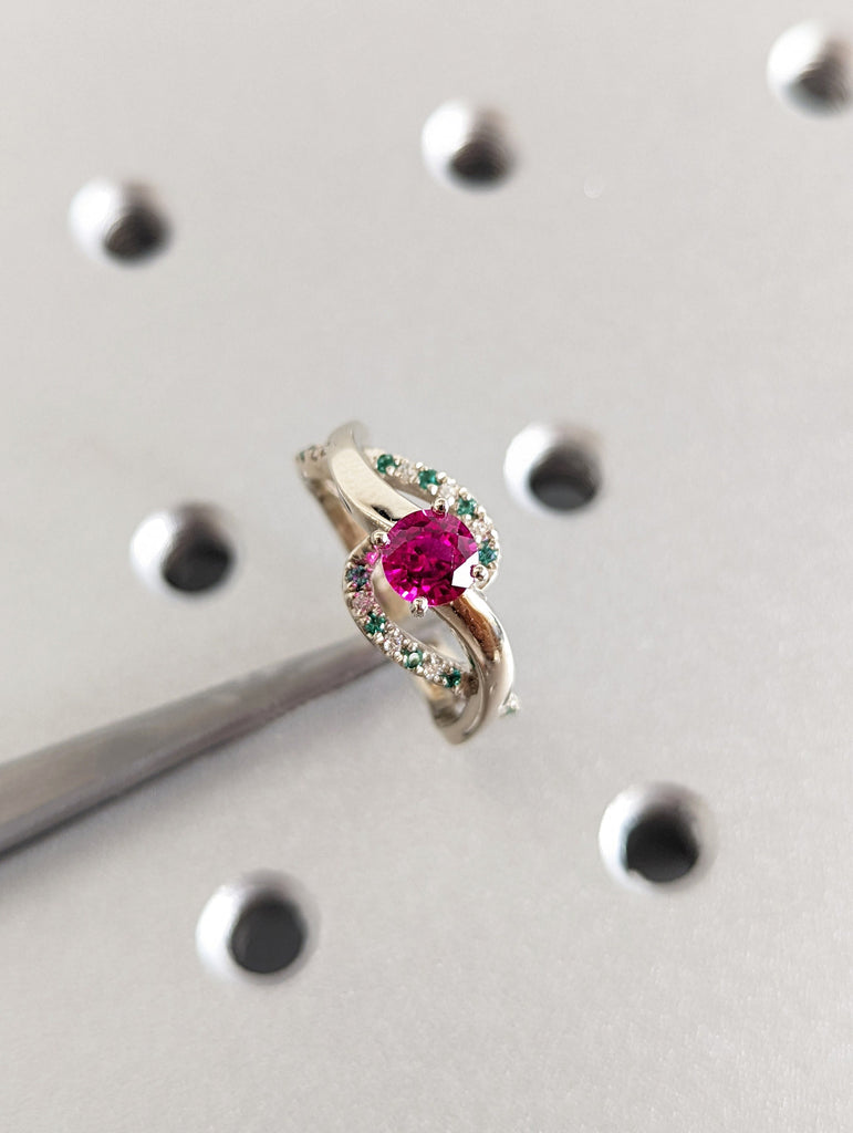 Ruby Engagement Ring, Diamond And Emerald Ring Ruby Ring, Spiral Engagement Ring White Gold Ruby Ring, Leaf Ring, Nature Ring