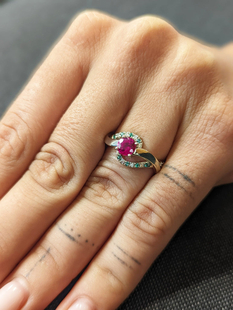 Ruby Engagement Ring, Diamond And Emerald Ring Ruby Ring, Spiral Engagement Ring White Gold Ruby Ring, Leaf Ring, Nature Ring