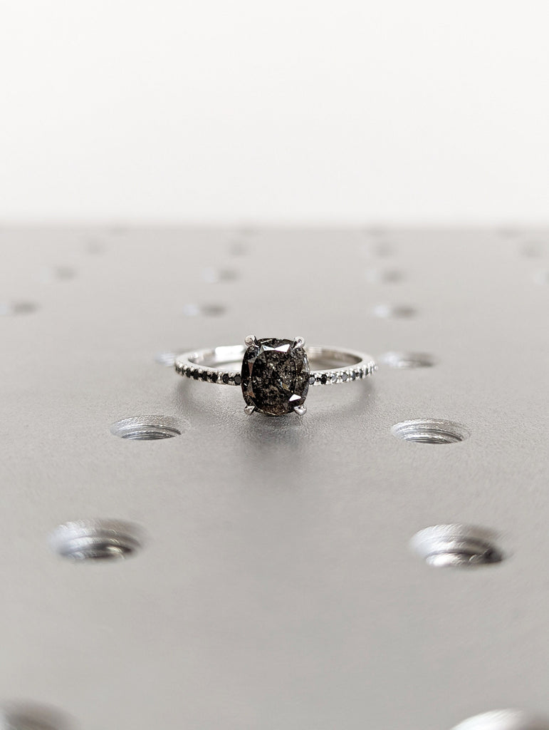 1.0 Carat 1920's Raw Salt and Pepper Diamond, Cushion Diamond Ring, Unique Engagement Bridal, Black, Gray 14k Yellow, Rose White Gold